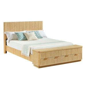 English Elm Queen Fluted Panel Platform Bed with Hydraulic Lift Storage and Footboard Bench Oak W1820S00065
