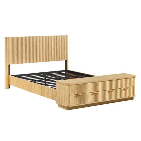 English Elm Queen Fluted Panel Platform Bed with Hydraulic Lift Storage and Footboard Bench Oak W1820S00065