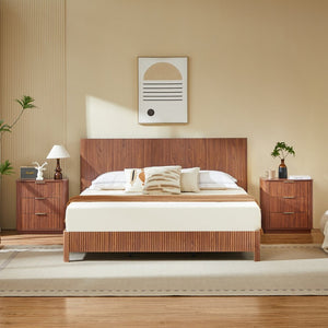 English Elm King Platform Bed Walnut MDF Sculptural Corrugated Headboard Iron Frame No Box Spring W1820S00066