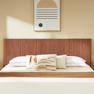 English Elm King Platform Bed Walnut MDF Sculptural Corrugated Headboard Iron Frame No Box Spring W1820S00066