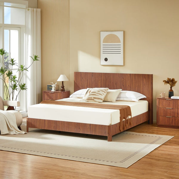 English Elm King Platform Bed Walnut MDF Sculptural Corrugated Headboard Iron Frame No Box Spring W1820S00066