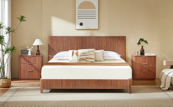 English Elm King Platform Bed Walnut MDF Sculptural Corrugated Headboard Iron Frame No Box Spring W1820S00066