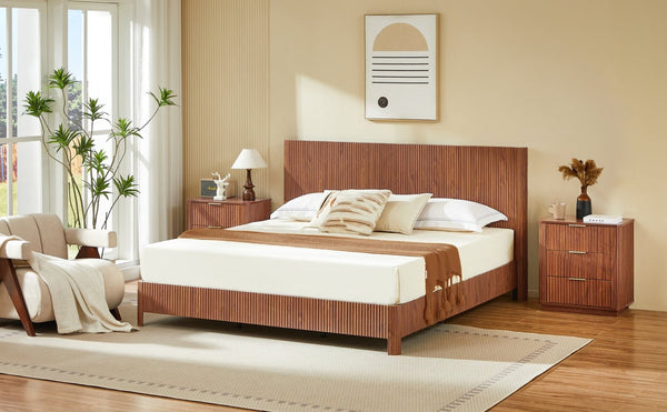 English Elm King Platform Bed Walnut MDF Sculptural Corrugated Headboard Iron Frame No Box Spring W1820S00066