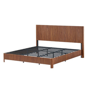 English Elm King Platform Bed Walnut MDF Sculptural Corrugated Headboard Iron Frame No Box Spring W1820S00066