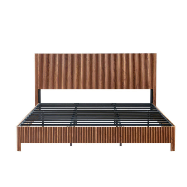 English Elm King Platform Bed Walnut MDF Sculptural Corrugated Headboard Iron Frame No Box Spring W1820S00066