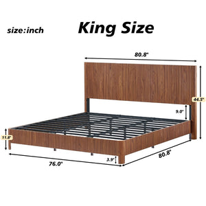 English Elm King Platform Bed Walnut MDF Sculptural Corrugated Headboard Iron Frame No Box Spring W1820S00066