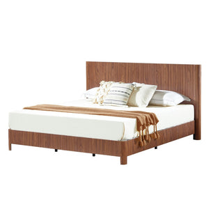 English Elm King Platform Bed Walnut MDF Sculptural Corrugated Headboard Iron Frame No Box Spring W1820S00066