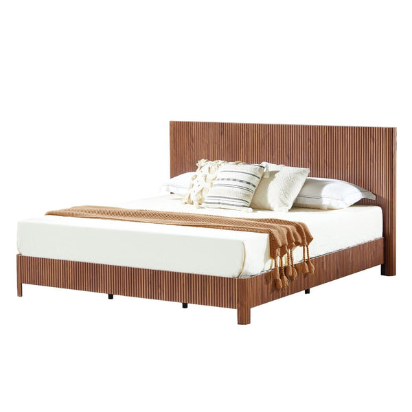 English Elm King Platform Bed Walnut MDF Sculptural Corrugated Headboard Iron Frame No Box Spring W1820S00066