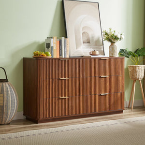 English Elm 6 Drawer Wide Modern Dresser with Sculptural Wave Front Panel for Bedroom or Living Room Walnut W1820S00068