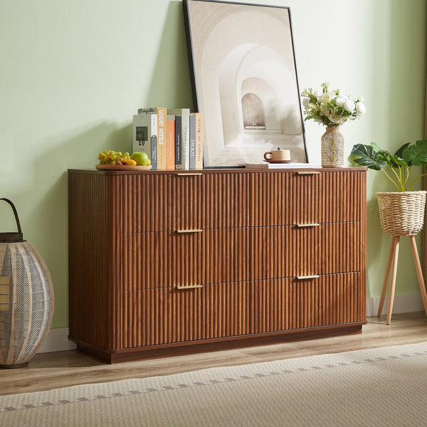 English Elm 6 Drawer Wide Modern Dresser with Sculptural Wave Front Panel for Bedroom or Living Room Walnut W1820S00068