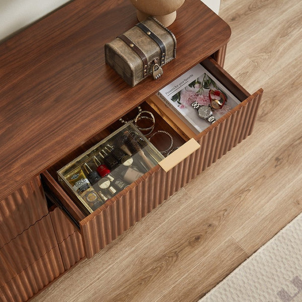 English Elm 6 Drawer Wide Modern Dresser with Sculptural Wave Front Panel for Bedroom or Living Room Walnut W1820S00068
