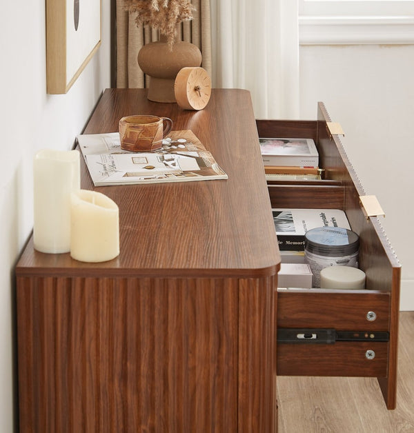 English Elm 6 Drawer Wide Modern Dresser with Sculptural Wave Front Panel for Bedroom or Living Room Walnut W1820S00068