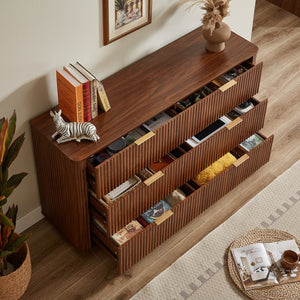 English Elm 6 Drawer Wide Modern Dresser with Sculptural Wave Front Panel for Bedroom or Living Room Walnut W1820S00068