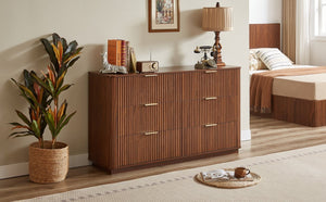 English Elm 6 Drawer Wide Modern Dresser with Sculptural Wave Front Panel for Bedroom or Living Room Walnut W1820S00068