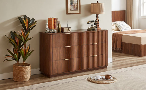 English Elm 6 Drawer Wide Modern Dresser with Sculptural Wave Front Panel for Bedroom or Living Room Walnut W1820S00068