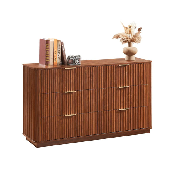 English Elm 6 Drawer Wide Modern Dresser with Sculptural Wave Front Panel for Bedroom or Living Room Walnut W1820S00068