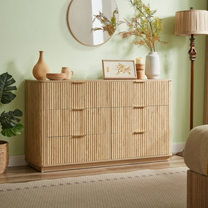 English Elm 6 Drawer Wide Modern Dresser with Sculptural Wave Front Panel for Bedroom or Living Room Oak W1820S00069