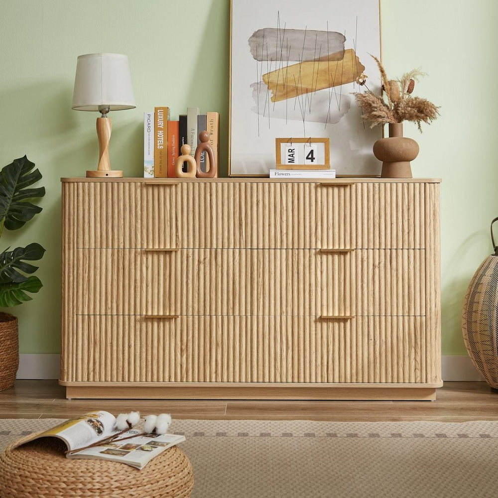 English Elm 6 Drawer Wide Modern Dresser with Sculptural Wave Front Panel for Bedroom or Living Room Oak W1820S00069