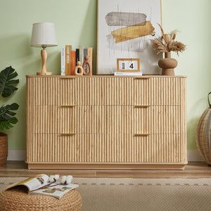 English Elm 6 Drawer Wide Modern Dresser with Sculptural Wave Front Panel for Bedroom or Living Room Oak W1820S00069
