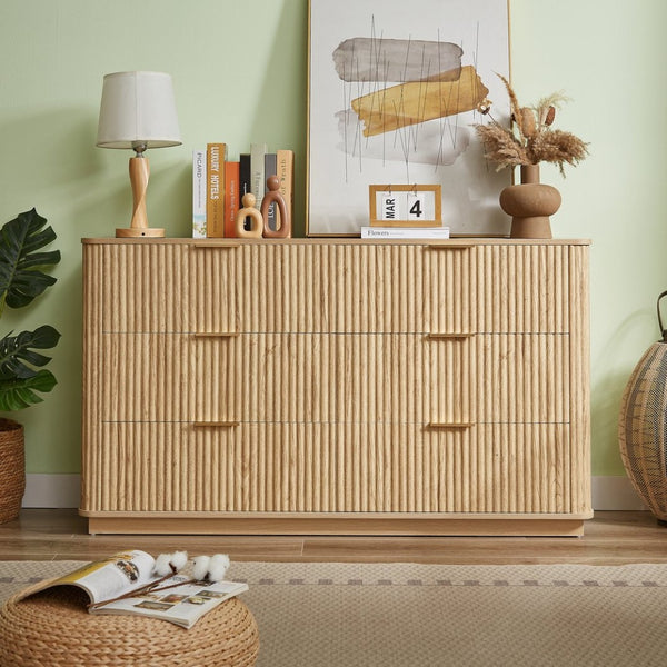 English Elm 6 Drawer Wide Modern Dresser with Sculptural Wave Front Panel for Bedroom or Living Room Oak W1820S00069