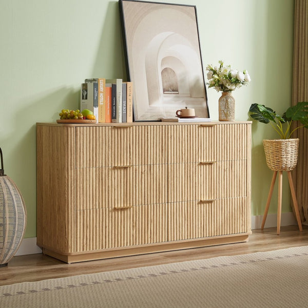 English Elm 6 Drawer Wide Modern Dresser with Sculptural Wave Front Panel for Bedroom or Living Room Oak W1820S00069