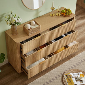 English Elm 6 Drawer Wide Modern Dresser with Sculptural Wave Front Panel for Bedroom or Living Room Oak W1820S00069