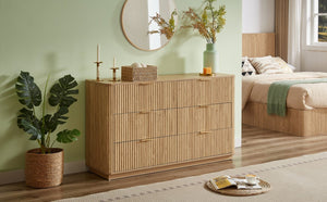 English Elm 6 Drawer Wide Modern Dresser with Sculptural Wave Front Panel for Bedroom or Living Room Oak W1820S00069
