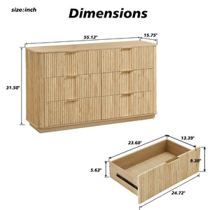 English Elm 6 Drawer Wide Modern Dresser with Sculptural Wave Front Panel for Bedroom or Living Room Oak W1820S00069