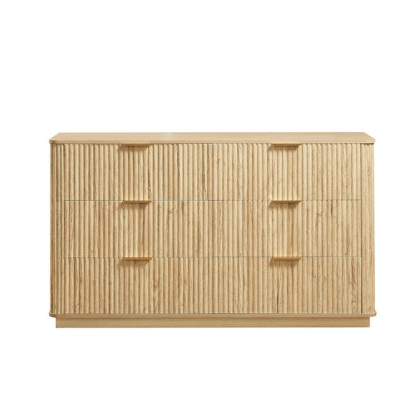 English Elm 6 Drawer Wide Modern Dresser with Sculptural Wave Front Panel for Bedroom or Living Room Oak W1820S00069