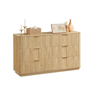 English Elm 6 Drawer Wide Modern Dresser with Sculptural Wave Front Panel for Bedroom or Living Room Oak W1820S00069