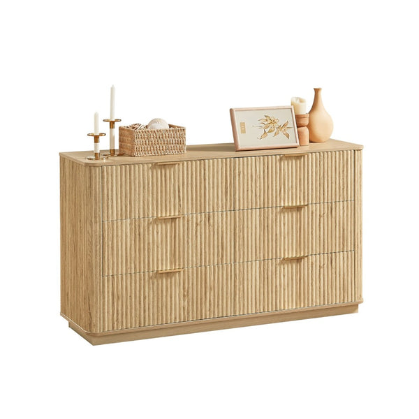 English Elm 6 Drawer Wide Modern Dresser with Sculptural Wave Front Panel for Bedroom or Living Room Oak W1820S00069