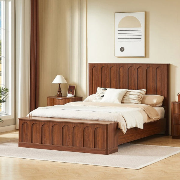 English Elm Queen Platform Bed Mid-Century Arched Headboard Hidden Storage Footboard Walnut Tone Walnut W1820S00074
