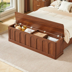 English Elm Queen Platform Bed Mid-Century Arched Headboard Hidden Storage Footboard Walnut Tone Walnut W1820S00074