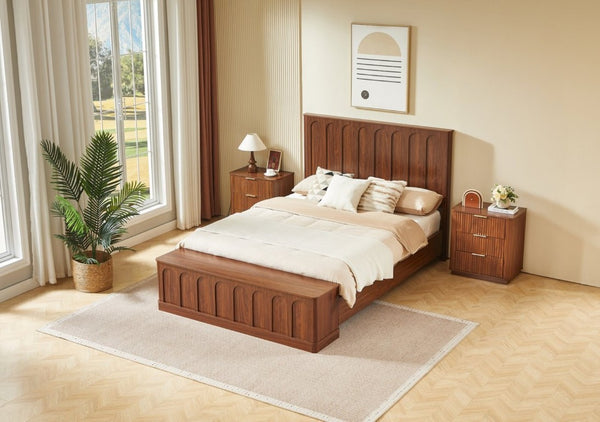 English Elm Queen Platform Bed Mid-Century Arched Headboard Hidden Storage Footboard Walnut Tone Walnut W1820S00074