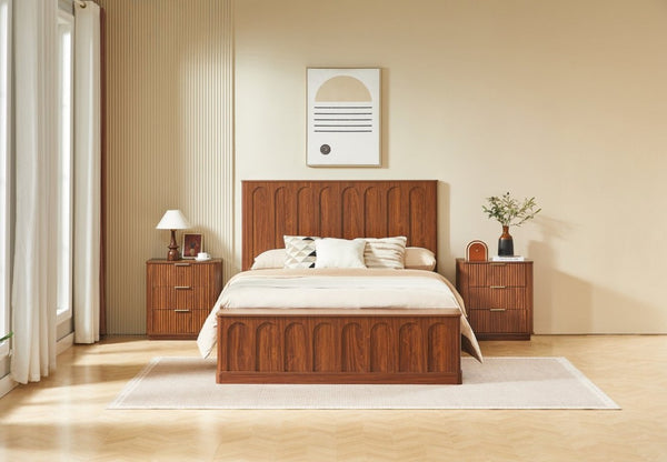 English Elm Queen Platform Bed Mid-Century Arched Headboard Hidden Storage Footboard Walnut Tone Walnut W1820S00074
