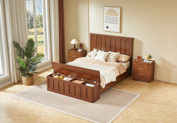 English Elm Queen Platform Bed Mid-Century Arched Headboard Hidden Storage Footboard Walnut Tone Walnut W1820S00074