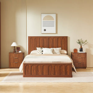 English Elm Queen Platform Bed Mid-Century Arched Headboard Hidden Storage Footboard Walnut Tone Walnut W1820S00074