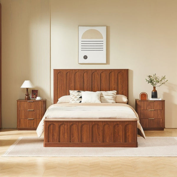 English Elm Queen Platform Bed Mid-Century Arched Headboard Hidden Storage Footboard Walnut Tone Walnut W1820S00074