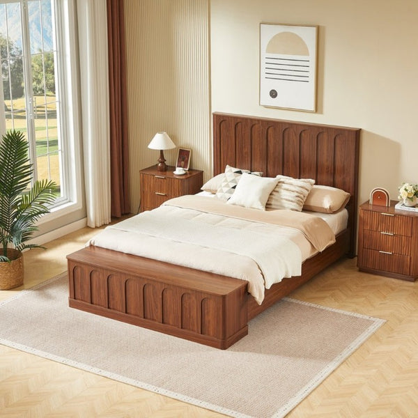 English Elm Queen Platform Bed Mid-Century Arched Headboard Hidden Storage Footboard Walnut Tone Walnut W1820S00074