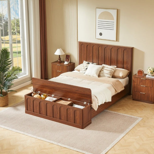 English Elm Queen Platform Bed Mid-Century Arched Headboard Hidden Storage Footboard Walnut Tone Walnut W1820S00074