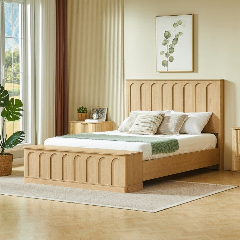 English Elm Queen Platform Bed Mid-Century Arched Headboard Hidden Storage Footboard Walnut Tone Oak W1820S00075