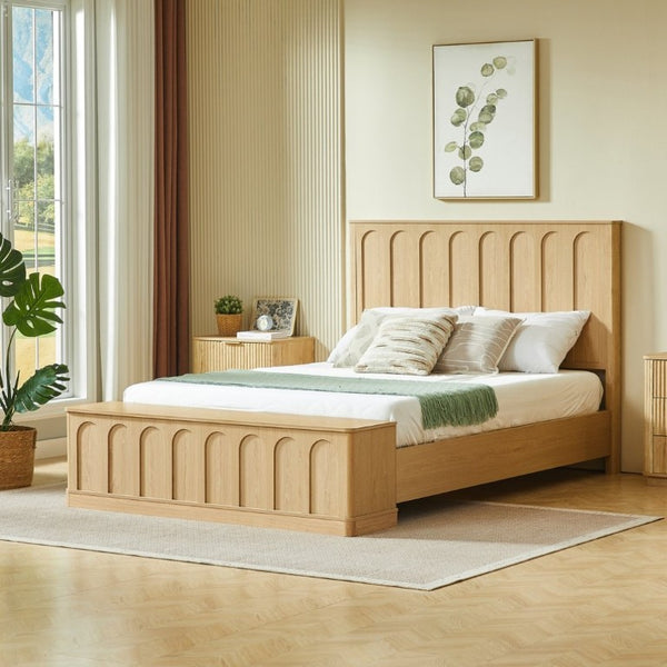 English Elm Queen Platform Bed Mid-Century Arched Headboard Hidden Storage Footboard Walnut Tone Oak W1820S00075