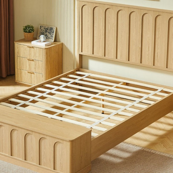 English Elm Queen Platform Bed Mid-Century Arched Headboard Hidden Storage Footboard Walnut Tone Oak W1820S00075