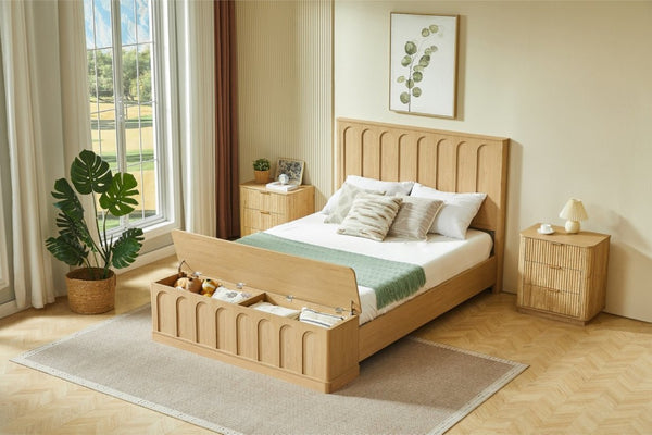 English Elm Queen Platform Bed Mid-Century Arched Headboard Hidden Storage Footboard Walnut Tone Oak W1820S00075