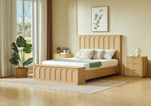 English Elm Queen Platform Bed Mid-Century Arched Headboard Hidden Storage Footboard Walnut Tone Oak W1820S00075