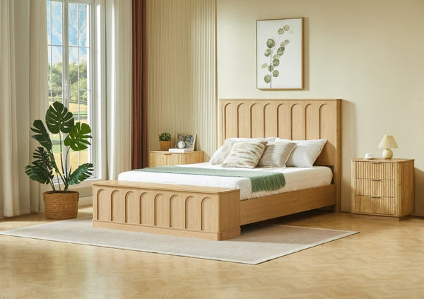 English Elm Queen Platform Bed Mid-Century Arched Headboard Hidden Storage Footboard Walnut Tone Oak W1820S00075