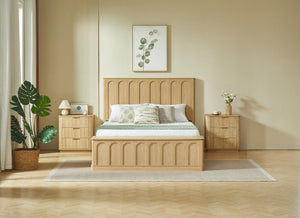 English Elm Queen Platform Bed Mid-Century Arched Headboard Hidden Storage Footboard Walnut Tone Oak W1820S00075