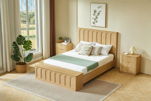 English Elm Queen Platform Bed Mid-Century Arched Headboard Hidden Storage Footboard Walnut Tone Oak W1820S00075