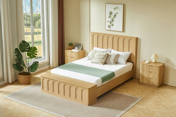 English Elm Queen Platform Bed Mid-Century Arched Headboard Hidden Storage Footboard Walnut Tone Oak W1820S00075