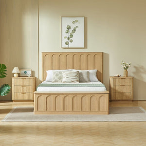 English Elm Queen Platform Bed Mid-Century Arched Headboard Hidden Storage Footboard Walnut Tone Oak W1820S00075